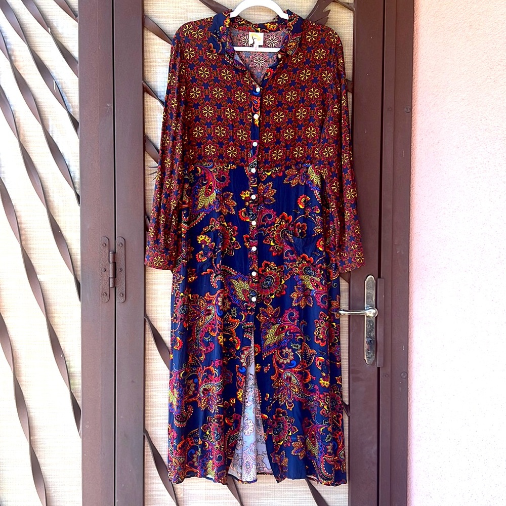 Anthropologie fig and flower Boho Colorful Fall Paisley Floral Long Sleeve Dress